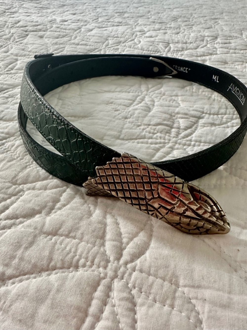 Vintage 1980's Avignon Snake Look Wraparound Green Leather Belt. Made in France